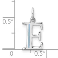 Sterling silver letter E charm with blue enamel stripe down the center, shown next to a measurement scale indicating approximately 0.5 inches in height.