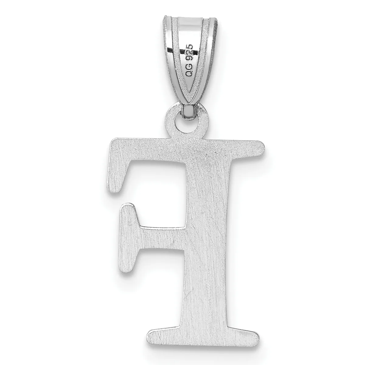 Sterling silver pendant in the shape of the letter F with a brushed finish, suspended from a bail with a small stamped hallmark.