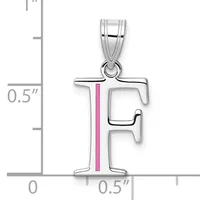 Silver initial F pendant with pink enamel stripe down the center, shown next to a measurement scale indicating approximately one inch height.