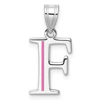 Silver pendant in the shape of the letter F with a pink enamel vertical stripe down the center, suspended from a silver bail.
