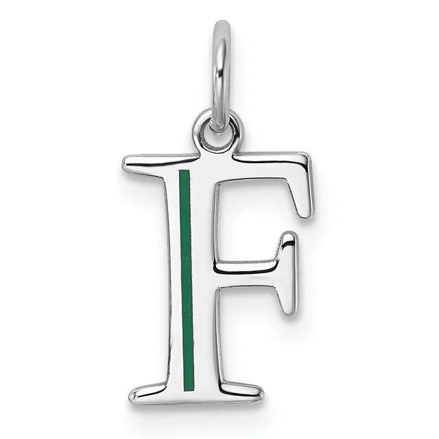 Silver letter F pendant with green enamel vertical stripe down the center, suspended from a silver bail loop.