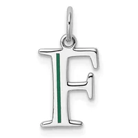 Silver letter F pendant with green enamel vertical stripe down the center, suspended from a silver bail loop.
