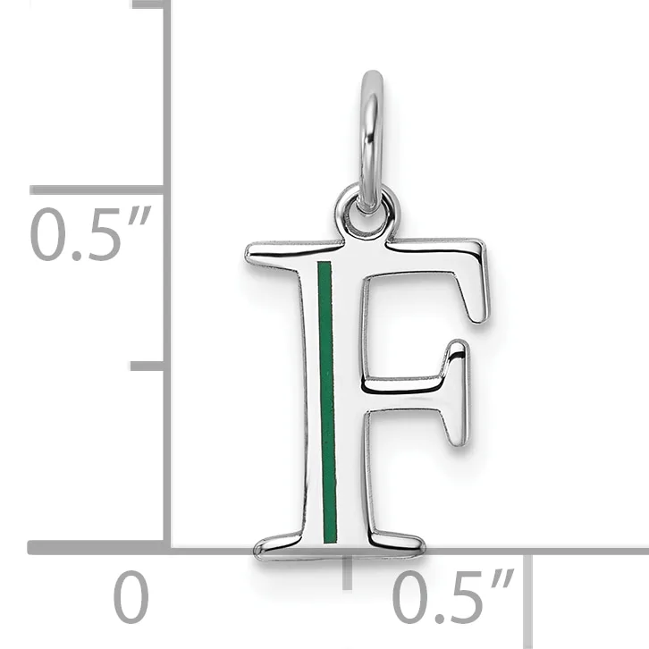 Silver letter F charm with green enamel stripe down the center, shown with measurement scale indicating approximately 0.5 inches in height.