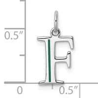 Silver letter F charm with green enamel stripe down the center, shown with measurement scale indicating approximately 0.5 inches in height.