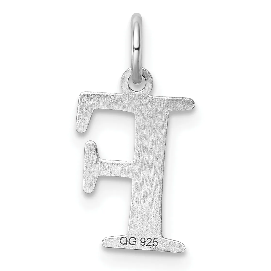 Sterling silver letter F pendant with a rectangular cutout in the center and a small stamped hallmark at the base, suspended from a loop.