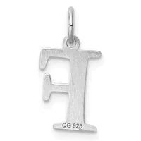 Sterling silver letter F pendant with a rectangular cutout in the center and a small stamped hallmark at the base, suspended from a loop.