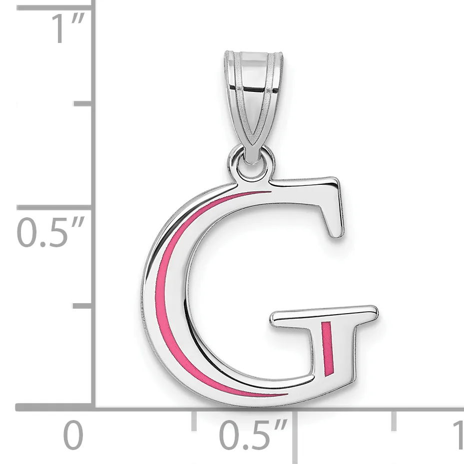 Silver letter G pendant with pink enamel accents shown against a measurement scale indicating approximately one inch in height.