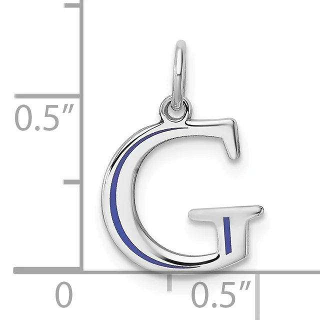 Silver letter G charm with blue enamel stripe detail, shown with measurement scale indicating approximately 0.5 inches in height and width.