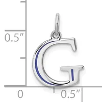 Silver letter G charm with blue enamel stripe detail, shown with measurement scale indicating approximately 0.5 inches in height and width.