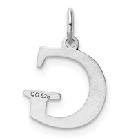 Sterling silver letter D pendant with a brushed finish and a small stamped hallmark on the lower left, suspended from a polished bail loop.