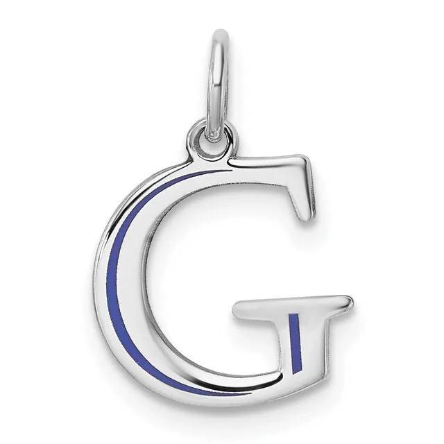 Silver letter G pendant with blue enamel stripe detail and loop bail at top.