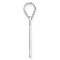 A silver teardrop-shaped loop pendant with a long chain attachment and small hallmark stamp, displayed vertically against a white background.
