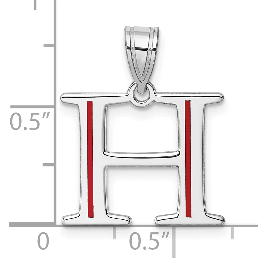 Silver pendant in the shape of the letter H with red enamel vertical stripes, shown with measurement scale indicating approximately 0.5 inches in height and width.