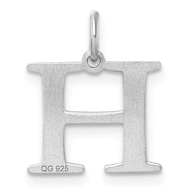 Sterling silver letter H pendant with a textured finish and a small stamped hallmark on the lower left, suspended from a bail loop.