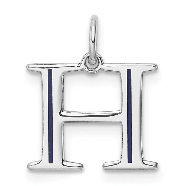 Silver letter H pendant with navy blue enamel vertical stripes on each side, suspended from a loop bail.
