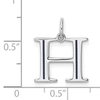Silver letter H charm with dark blue enamel vertical stripes, shown next to a measurement scale indicating approximately 0.5 inches in height.