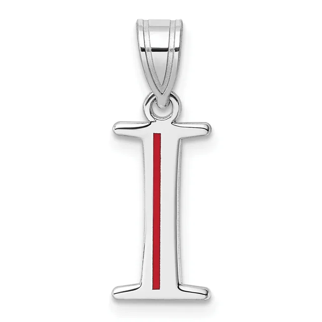 Silver pendant in the shape of the letter I with a red vertical stripe down the center, suspended from a silver bail.