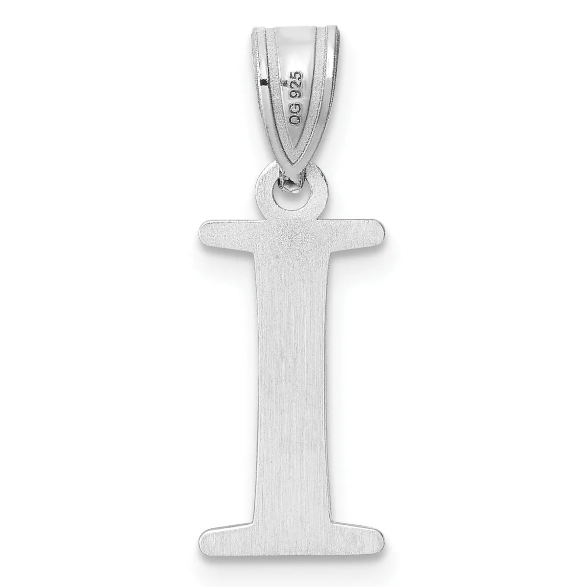 Sterling silver capital letter I pendant with a brushed finish and bail loop, shown against a white background.