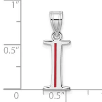 Silver cross pendant with a red vertical stripe down the center, shown next to a ruler indicating approximately one inch in height.