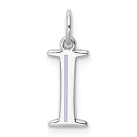 Silver pendant in the shape of a tall letter "I" with a vertical lavender enamel stripe down the center, suspended from a loop bail.