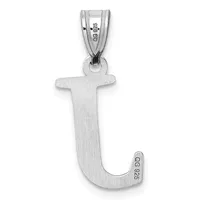 Sterling silver letter J pendant with a brushed finish and small stamped hallmarks, suspended from a ribbon bail.