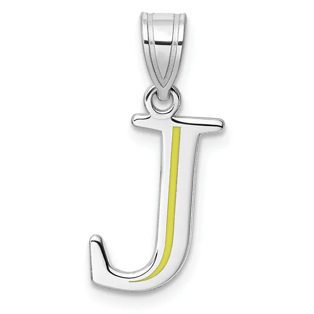 Silver letter J pendant with yellow enamel stripe down the center, suspended from a silver bail loop.