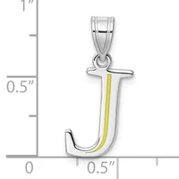 Silver letter J pendant with yellow enamel stripe down the center, shown next to a measurement scale indicating approximately one inch in height.