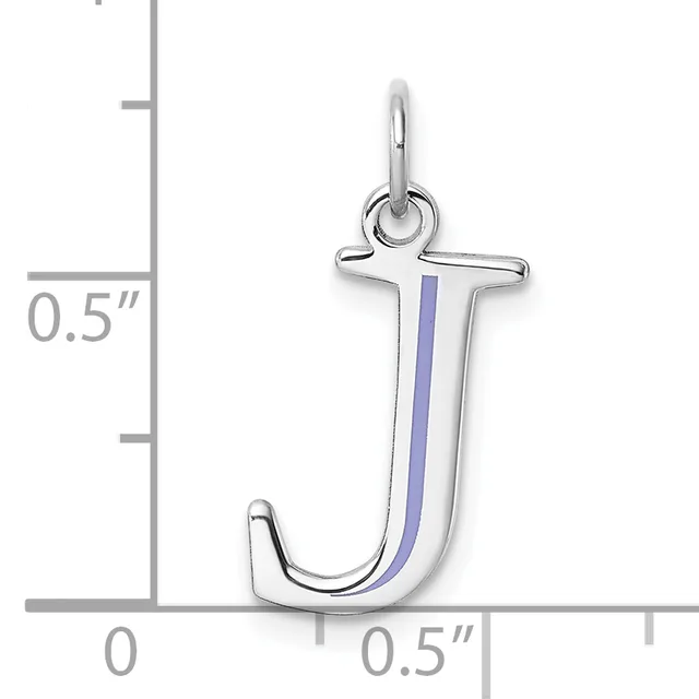 A silver letter J charm with a blue enamel stripe down the center, shown against a measurement scale indicating approximately 0.5 inches in height.