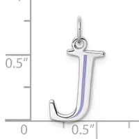 A silver letter J charm with a blue enamel stripe down the center, shown against a measurement scale indicating approximately 0.5 inches in height.