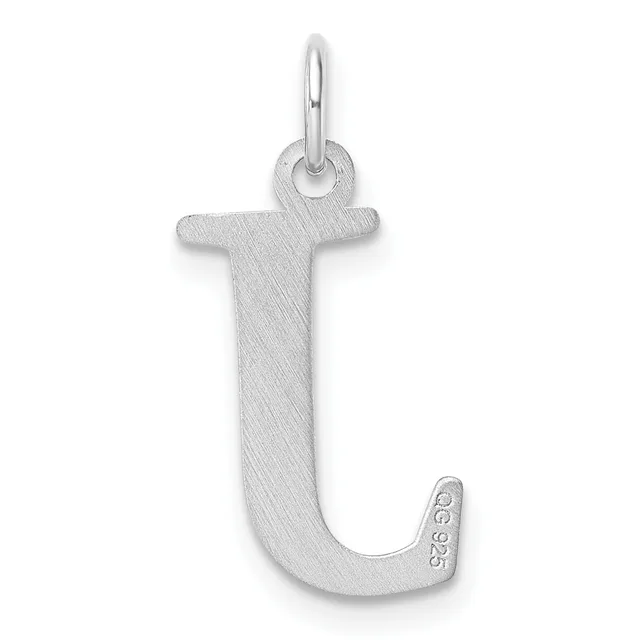 Silver letter J pendant with a brushed finish and a small stamped hallmark on the lower right, suspended from a bail loop.