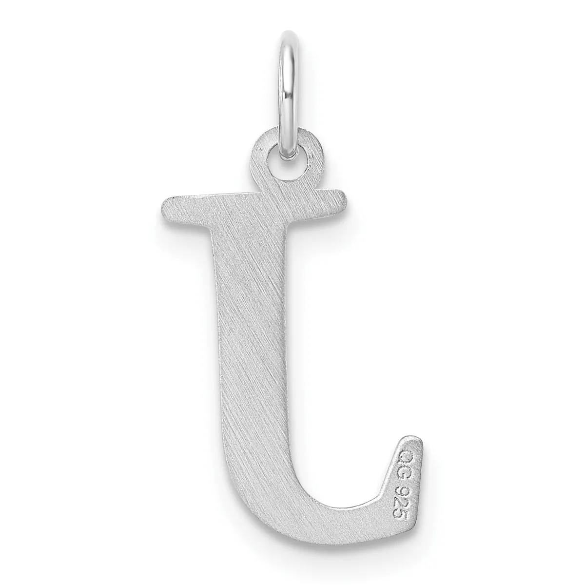 Silver letter J pendant with a brushed finish and a small stamped hallmark on the lower right, suspended from a bail loop.