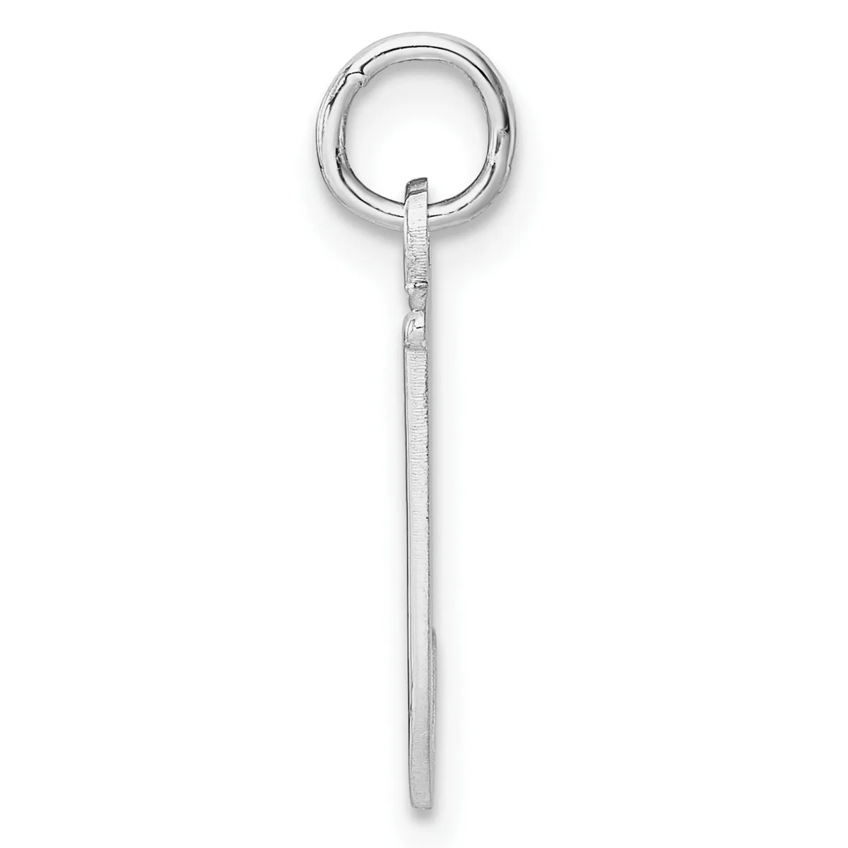 A silver keychain consisting of a split ring at the top attached to a long, textured rectangular chain or strap.