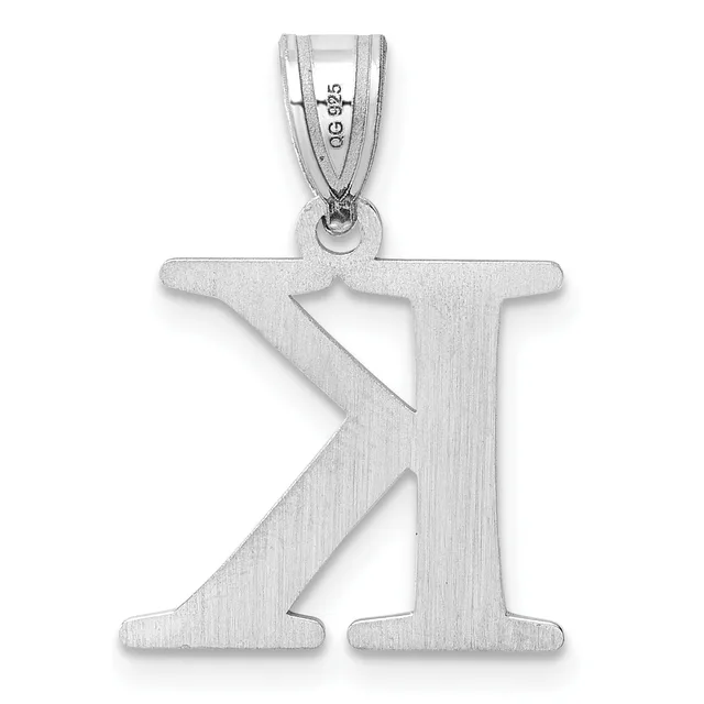 Silver letter X pendant with a brushed matte finish hanging from a bail with a small stamped hallmark.