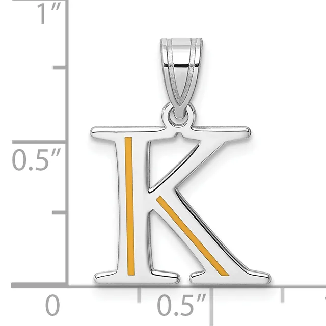 Sterling silver letter K pendant with gold-filled accents, shown with a measurement scale indicating approximately one inch in height.