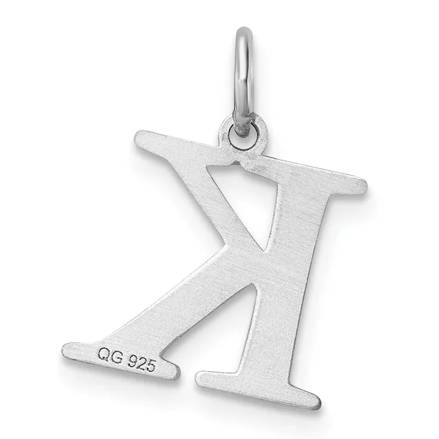A silver pendant in the shape of a stylized letter K with cutout triangular spaces, suspended from a small loop, shown against a white background.
