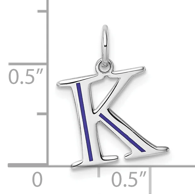Silver letter K pendant with blue enamel stripes, shown next to a ruler indicating approximately 0.5 inches in height and width.