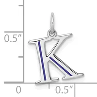 Silver letter K pendant with blue enamel stripes, shown next to a ruler indicating approximately 0.5 inches in height and width.