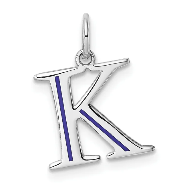 Silver letter K charm with blue enamel stripes on the left and right sides, hanging from a silver bail loop.