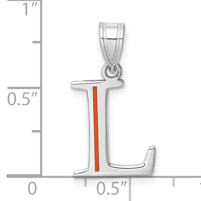 Silver letter L pendant with a red enamel stripe down the center, shown with a measurement scale indicating approximately one inch in height.