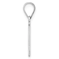 A long silver teardrop-shaped pendant on a thin chain, shown hanging vertically against a white background.