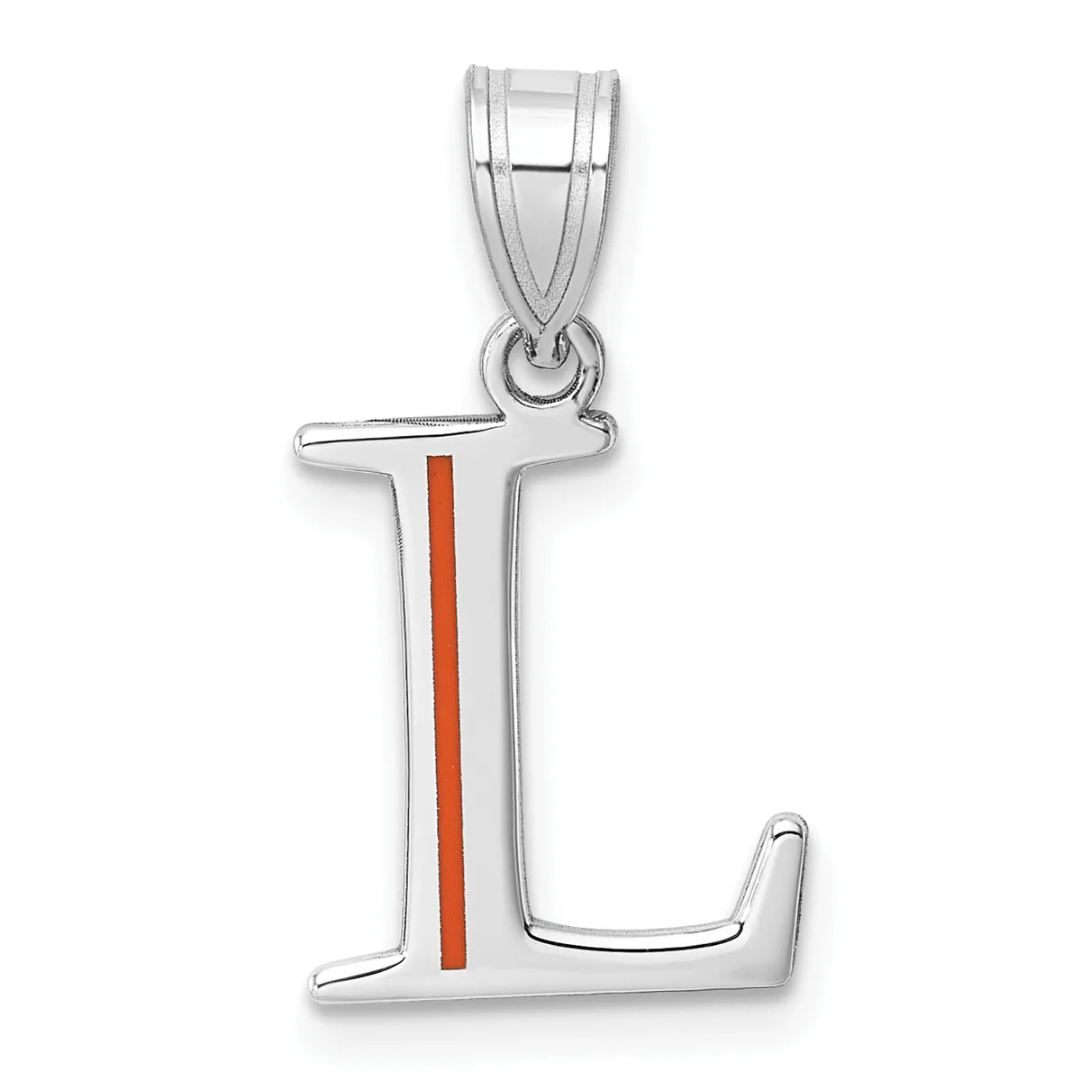 Silver letter L pendant with a red enamel vertical stripe down the center, suspended from a silver bail.