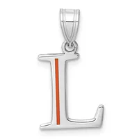 Silver letter L pendant with a red enamel vertical stripe down the center, suspended from a silver bail.