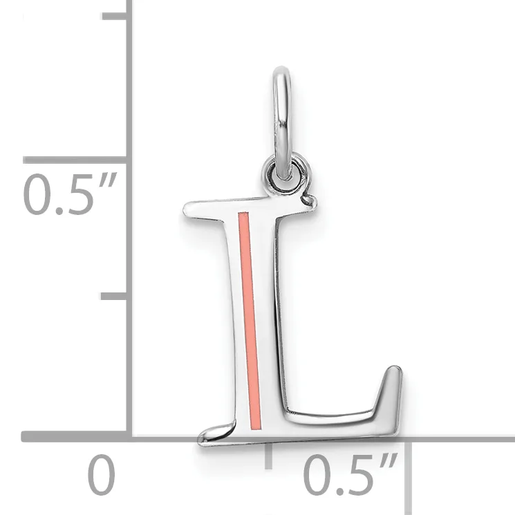 Silver letter L pendant with a red enamel stripe down the center, shown next to a ruler indicating approximately 0.5 inches in height.