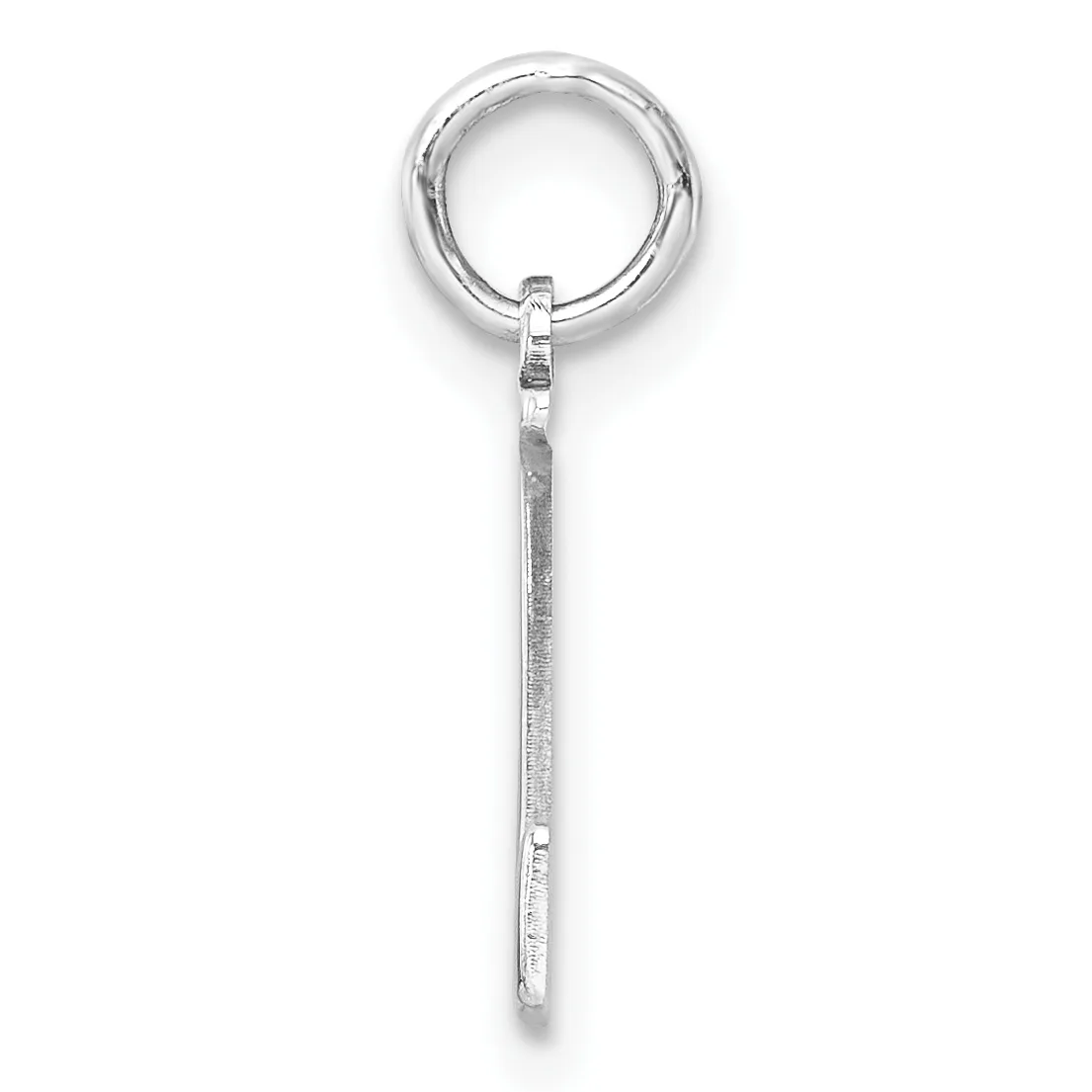 A silver pendant with a circular loop at the top connected to a long rectangular bar shaft with a textured surface.