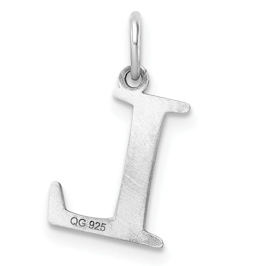 Silver letter L charm with a polished loop at the top and a brushed finish on the pendant, displayed against a white background.