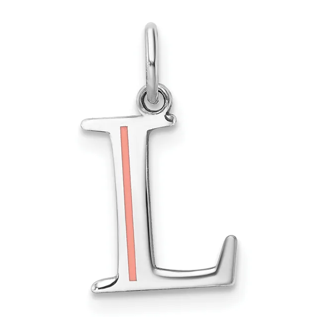 Silver letter L charm with coral-colored enamel stripe down the center and a loop bail at the top.
