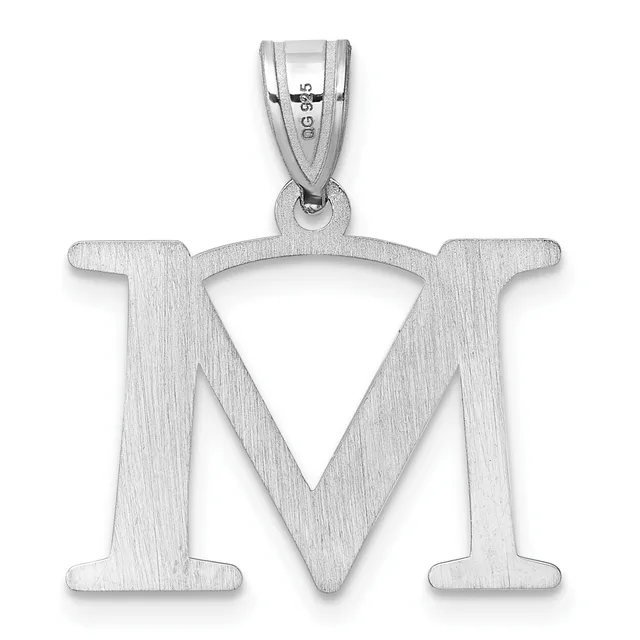 Silver letter M pendant with a triangular cutout in the center, displayed against a white background with a bail loop at the top.