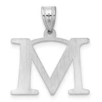 Silver letter M pendant with a triangular cutout in the center, displayed against a white background with a bail loop at the top.