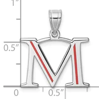 Silver pendant shaped like the letter M with red enamel accents on the inner V sections, shown with a measurement scale indicating approximately one inch width.