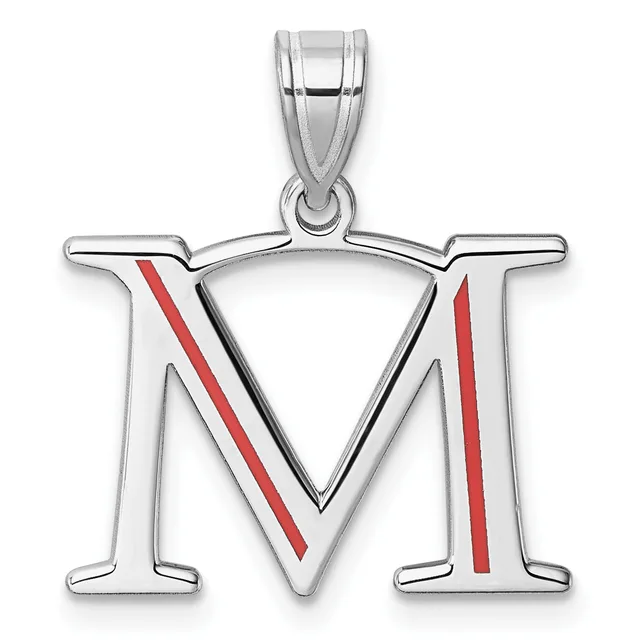 Silver pendant featuring the letter M with red enamel diagonal stripes, suspended from a silver bail.